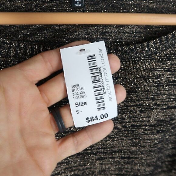 ENDLESS ROSE BLACK & GOLD METALLIC LONG RUFFLE BELL SLEEVE ROUND NECK TOP SIZE S - Picture 3 of 11